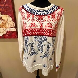 Lucky Lotus Off White Red Blue embroidered Sweatshirt, size L